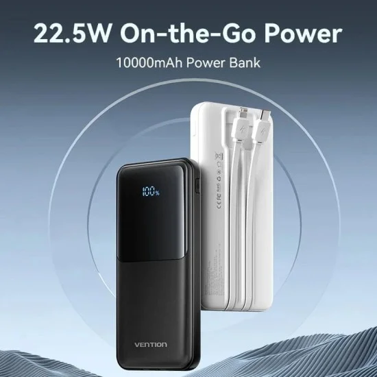 Vention Power Bank 10000mAh (Micro-USB + USB-C + USB-A + USB-A) with Built-in USB-C and Lightning Cables 22.5W _ black